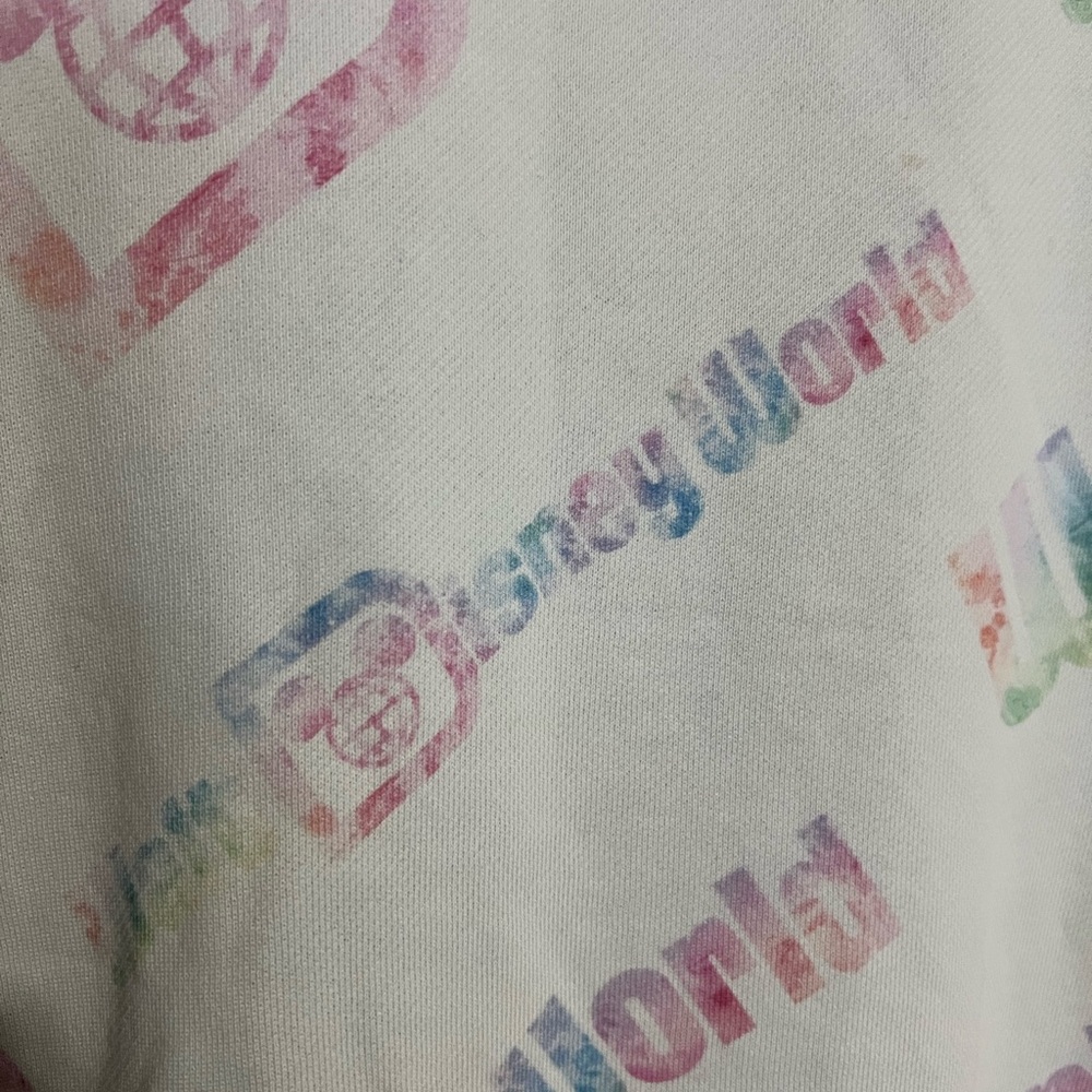 DISNEY Classic All Over Tie Dye Logo Crewneck Sweatshirt White Colorful Wms Sz L - Picture 2 of 5